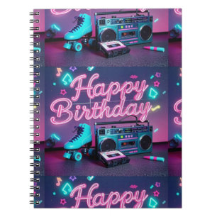 Caderno Espiral Retro neon Happy Birthday assina rosa e cor-de-ros