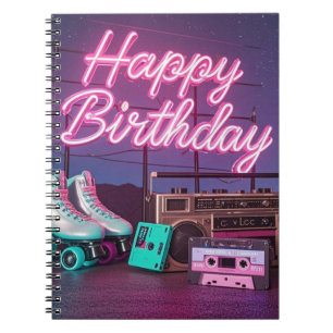 Caderno Espiral Retro neon Happy Birthday assina rosa e cor-de-ros