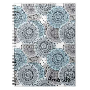 Caderno Espiral Retro, padrão retrô, azul e cinza, elegante