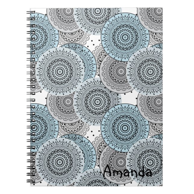 Caderno Espiral Retro, padrão retrô, azul e cinza, elegante (Frente)