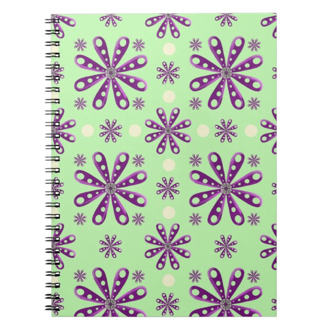 Caderno Espiral Retro Purple flowers on Green Background   (Frente)