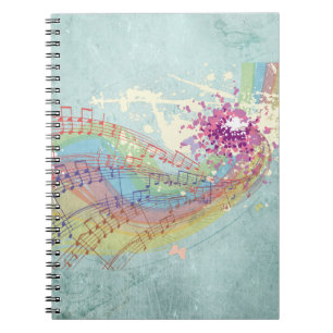Caderno Espiral Retro Rainbow e Music Notes em uma Textura Shabby
