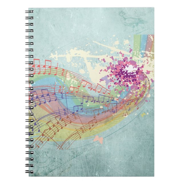 Caderno Espiral Retro Rainbow e Music Notes em uma Textura Shabby (Frente)