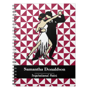 Caderno Espiral Retro Tango Dancers on Burgundy Geométrico