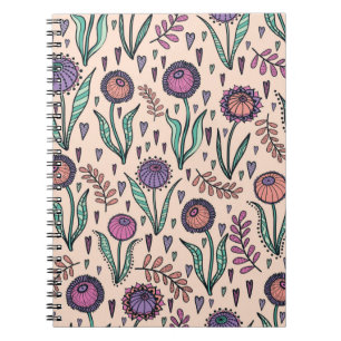 Caderno Espiral Retroativo floral dos anos 60. Ilustração desenh