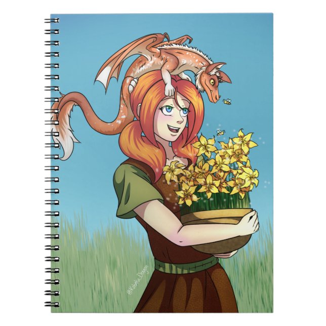 Caderno Espiral Reunindo Flores com um Dragão (Frente)
