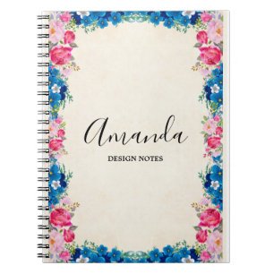 Caderno Espiral Rico de Quadro de Flor Rosa e Azul