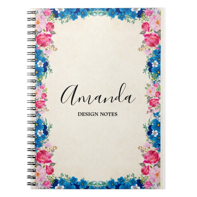 Caderno Espiral Rico de Quadro de Flor Rosa e Azul (Frente)
