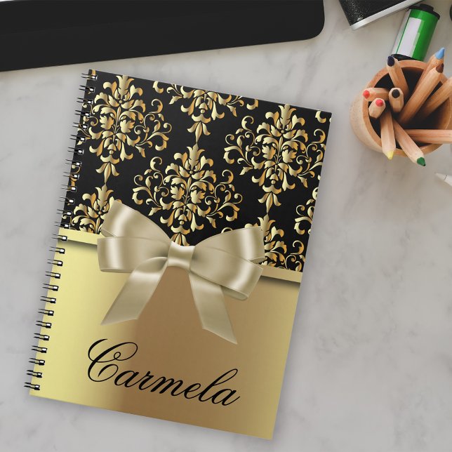 Caderno Espiral Rico Elegante - Chic Dourada E Black Damask Com Ar (Criador carregado)
