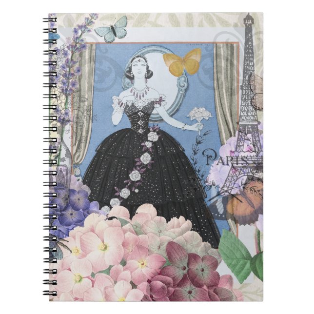 Caderno Espiral Rico Floral da Mulher Elegante Azul (Frente)