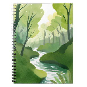 Caderno Espiral Rio de Verde Pintura em Aquarela da Floresta
