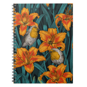 Caderno Espiral Robins e flores, cor de laranja e azul