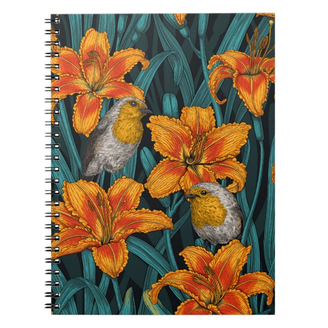Caderno Espiral Robins e flores, cor de laranja e azul (Frente)