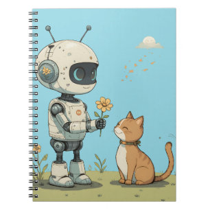 Caderno Espiral Robô Fofo Dá Flor ao Gato Arte Infantil Saudável