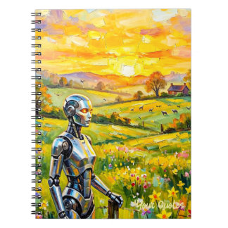 Caderno Espiral Robô Metálico no Campo de Girassóis ao Pôr do Sol