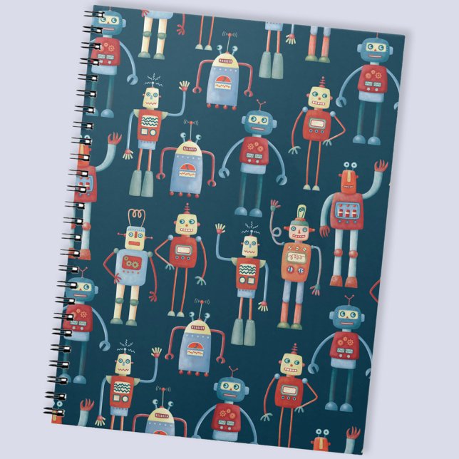 Caderno Espiral Robôs Vintage do Estilo Retro 1950s (Fun 1950s style robot pattern notebook)