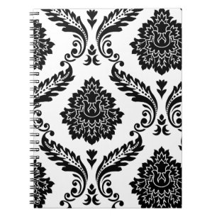 Caderno Espiral Rococo Damask Padrão Deslocado Preto no Branco Gra