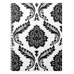 Caderno Espiral Rococó Damask Padrão Grande Preto no Branco