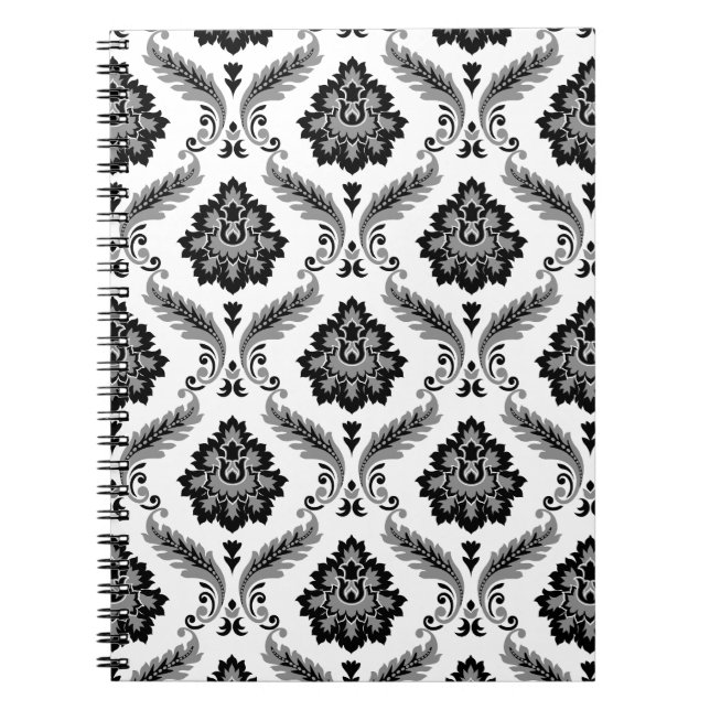 Caderno Espiral Rococo Damask Pattern Grey Black White (Frente)