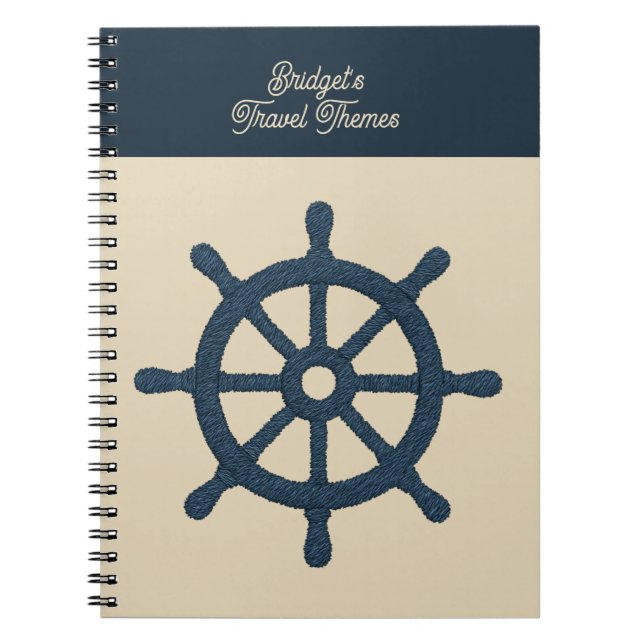 Caderno Espiral Roda do navio marinho com nome bege viagem costeir (Frente)