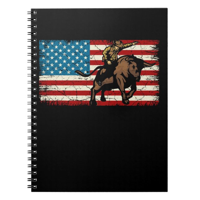 Caderno Espiral Rodeo Bull Rider Patriota Americana Flag Cowboys (Frente)