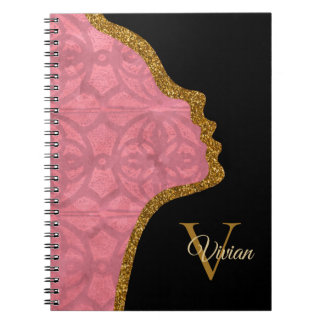 Caderno Espiral Rodovia Vitoriana Preta Rosa E Dourada Face Brilha
