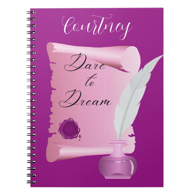 Caderno Espiral Rolo Cor-de-Rosa Bonito & Pena "Ouse Sonhar"  (Frente)