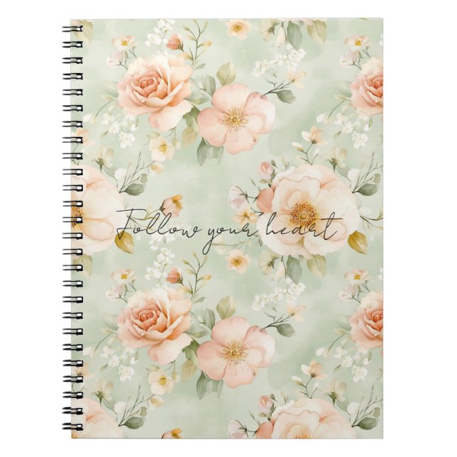 Caderno Espiral Romantic Peach Mint Pretty Roses Floral (Frente)