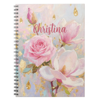Caderno Espiral Romantic Pink Rose and Manoglias, painting style 