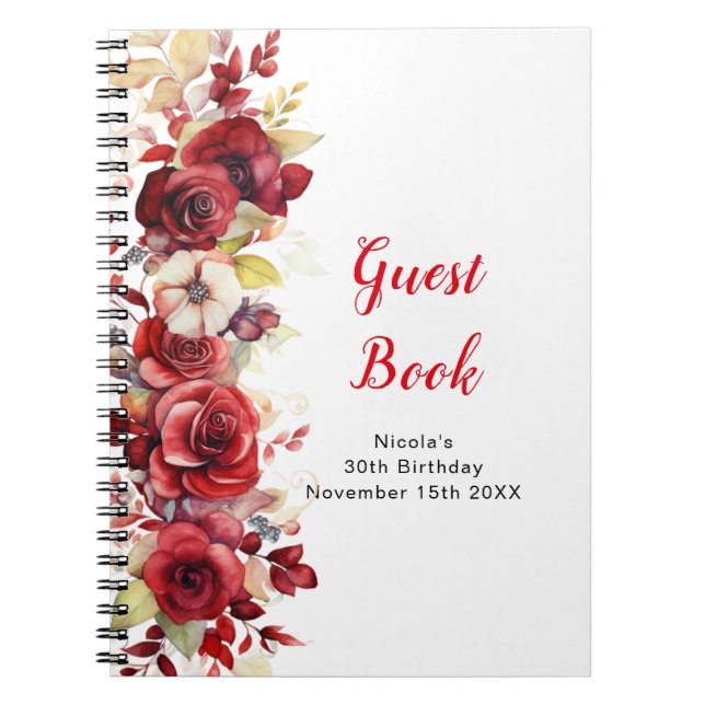 Caderno Espiral Romantic Red Rose Floral Birthday Party Guest Book (Frente)