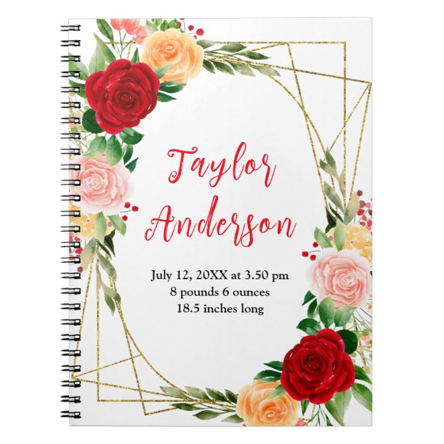 Caderno Espiral Romantic Roses Floral Baby Birth Stats (Frente)