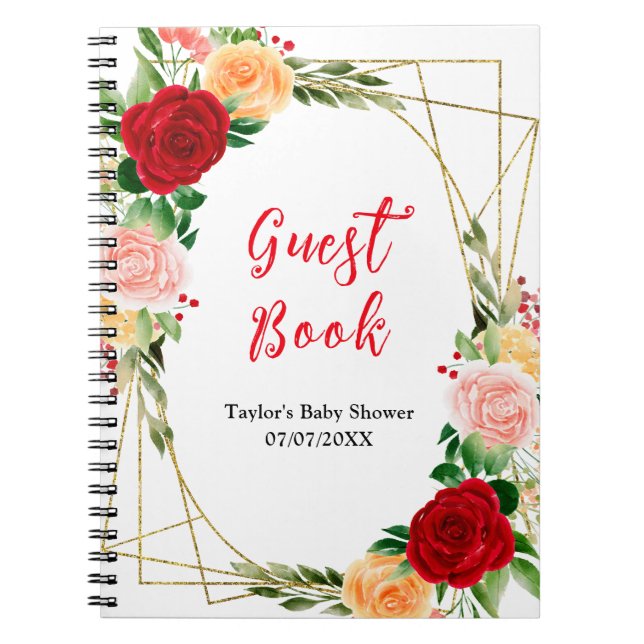 Caderno Espiral Romantic Roses Floral Baby Shower Guest Book (Frente)