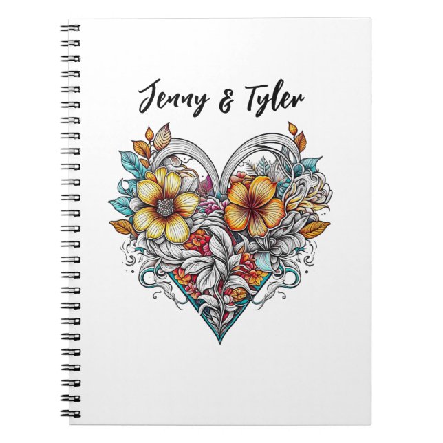 Caderno Espiral Romântico do Coração Floral Personalizado (Frente)