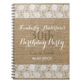 Caderno Espiral Romântico Lace Burlap aniversário de 30 anos Guest