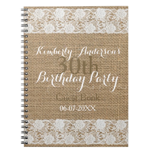 Caderno Espiral Romântico Lace Burlap aniversário de 30 anos Guest (Frente)