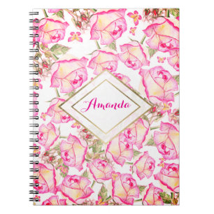 Caderno Espiral Romântico rosa branco amarelo floral de verão rosa