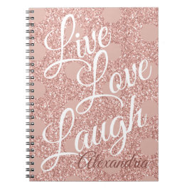 Caderno Espiral Rosa Blush Script Live Love Laugh Pontos Glitter