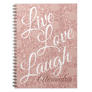 Caderno Espiral Rosa Blush Script Live Love Laugh Pontos Glitter