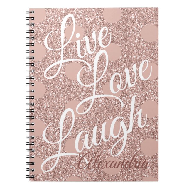 Caderno Espiral Rosa Blush Script Live Love Laugh Pontos Glitter (Frente)