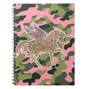 Caderno Espiral Rosa Camuflagem Verde Camo e Unicórnio Glitter Dou