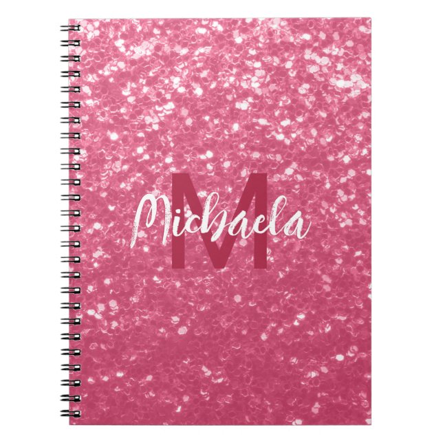 Caderno Espiral Rosa claro monograma de rosa com brilho falso (Frente)