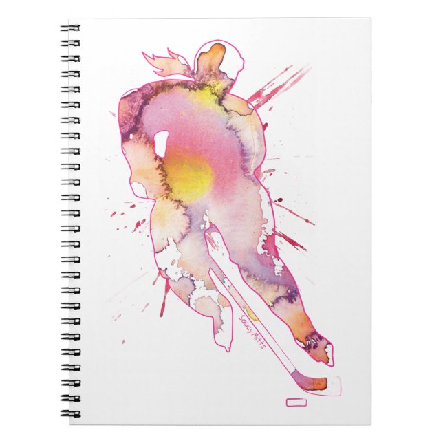 Caderno Espiral Rosa da aguarela do hóquei (Frente)