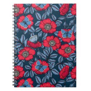 Caderno Espiral Rosa de cão e borboletas em azul e vermelho