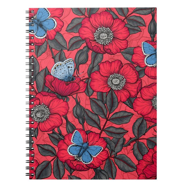 Caderno Espiral Rosa de cão e borboletas em vermelho e azul (Frente)