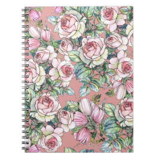 Caderno Espiral Rosa de flores de jardim com tulipas pintadas em á