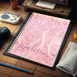 Caderno Espiral Rosa de ouro gordo coroa dourado pinga monograma