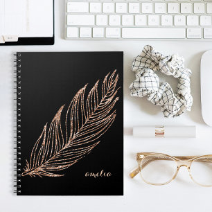 Caderno Espiral Rosa Dourada Faux Glitter Feather Personalizada