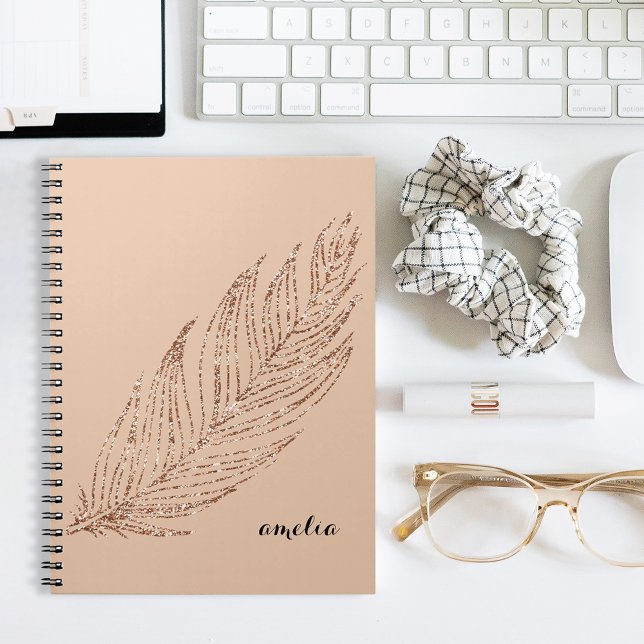 Caderno Espiral Rosa Dourada Faux Glitter Feather Personalizada (Criador carregado)