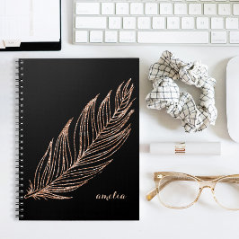 Caderno Espiral Rosa Dourada Faux Glitter Feather Personalizada