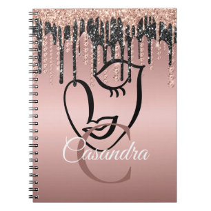 Caderno Espiral Rosa Dourada Glitter Drives Abstrato Lashes Monogr